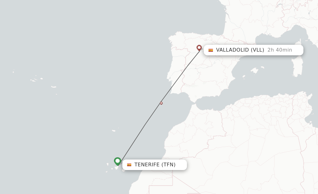 Flights from Tenerife to Valladolid route map