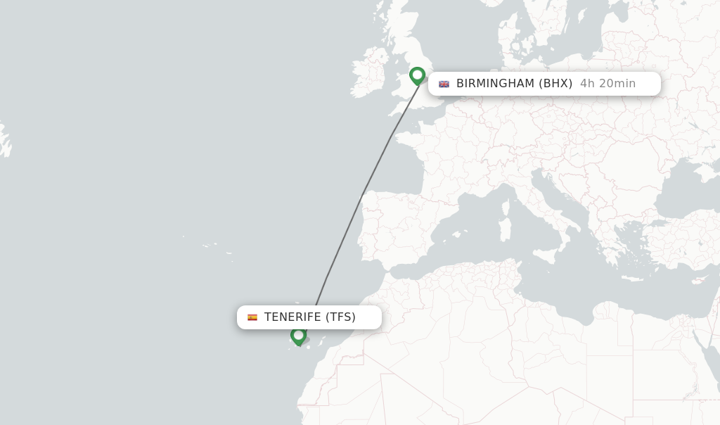 Flights from Tenerife to Birmingham route map