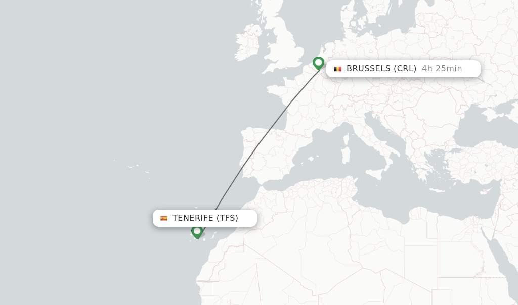 Flights from Tenerife to Brussels route map