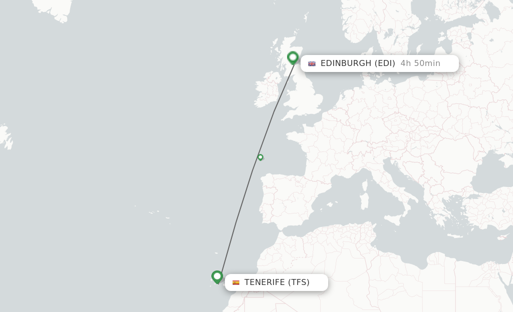 Flights from Tenerife to Edinburgh route map
