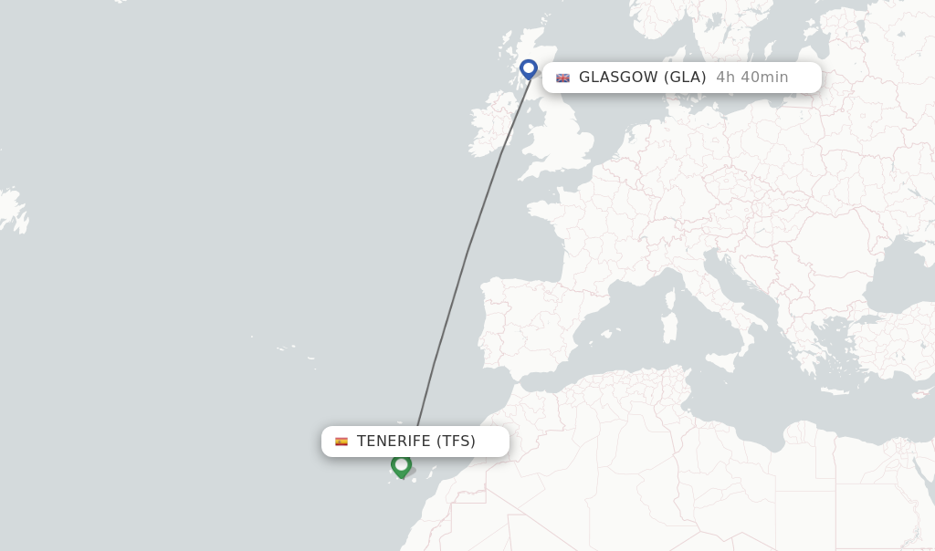 Flights from Tenerife to Glasgow route map