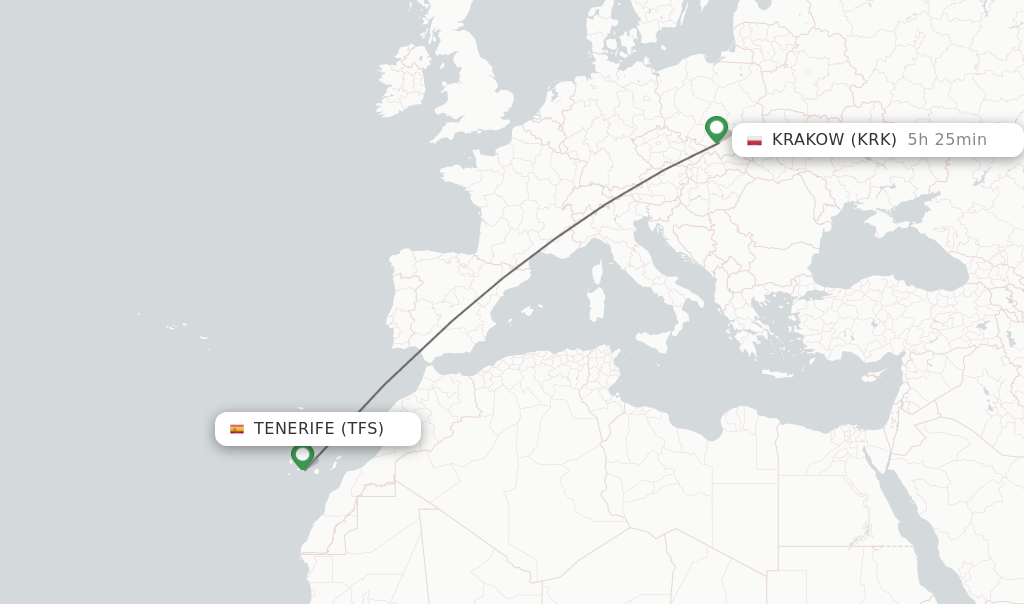 Flights from Tenerife to Krakow route map