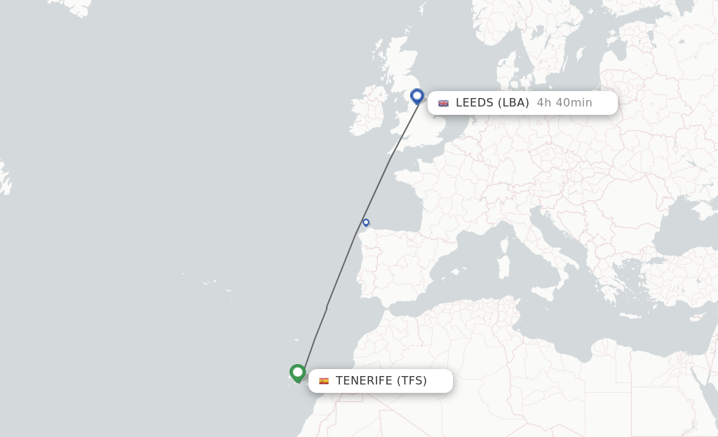 Flights from Tenerife to Leeds route map