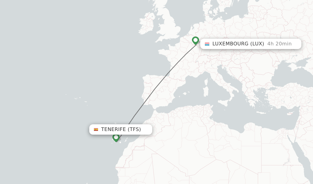 Flights from Tenerife to Luxembourg route map