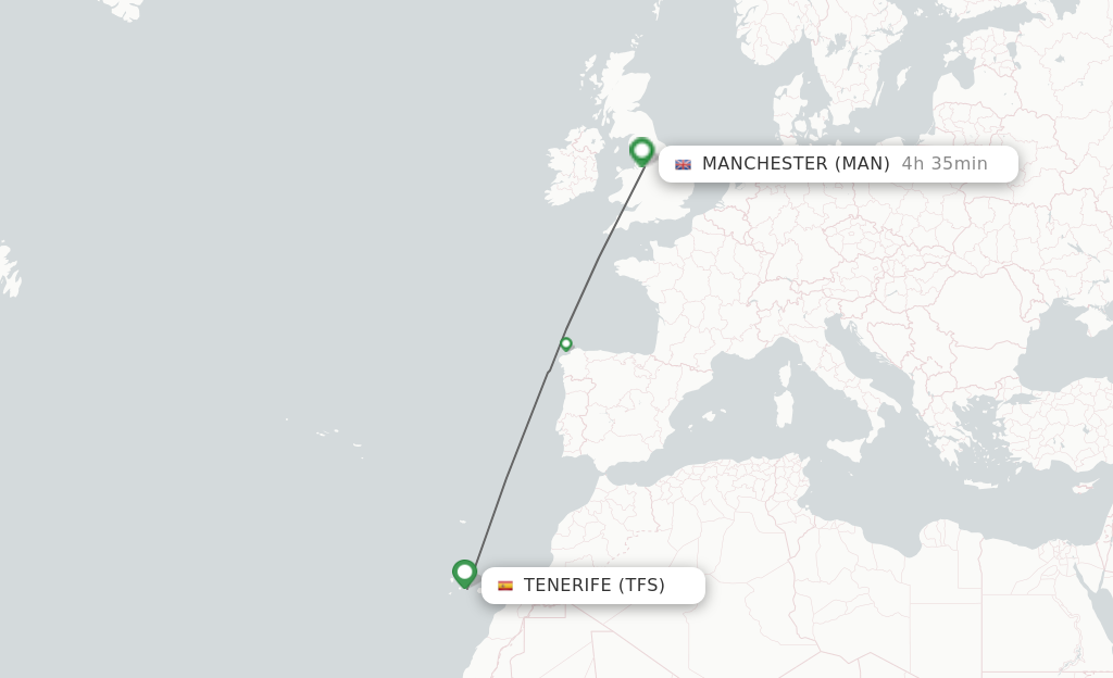 Flights from Tenerife to Manchester route map