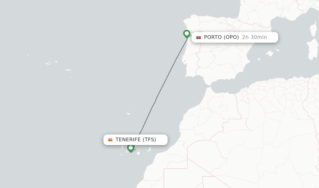 Flights from Tenerife to Porto route map