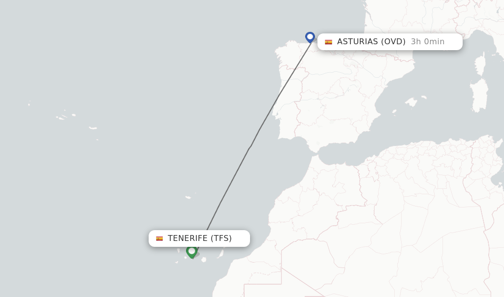 Flights from Tenerife to Asturias route map