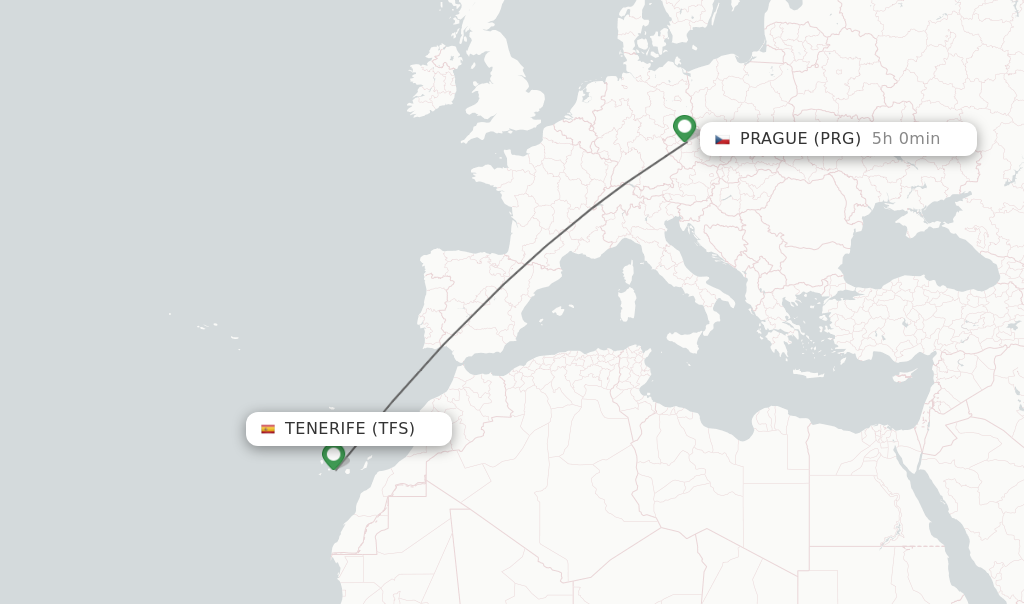 Flights from Tenerife to Prague route map