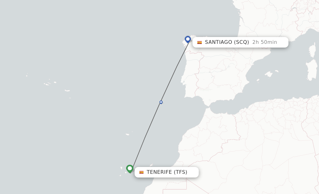 Flights from Tenerife to Santiago De Compostela route map