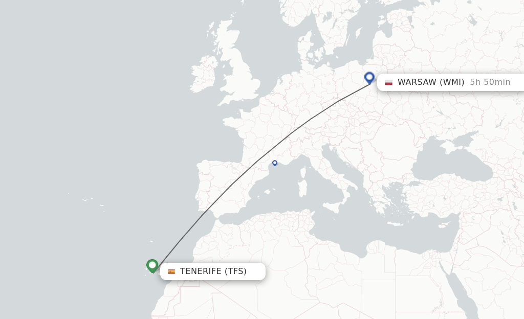 Flights from Tenerife to Modlin route map