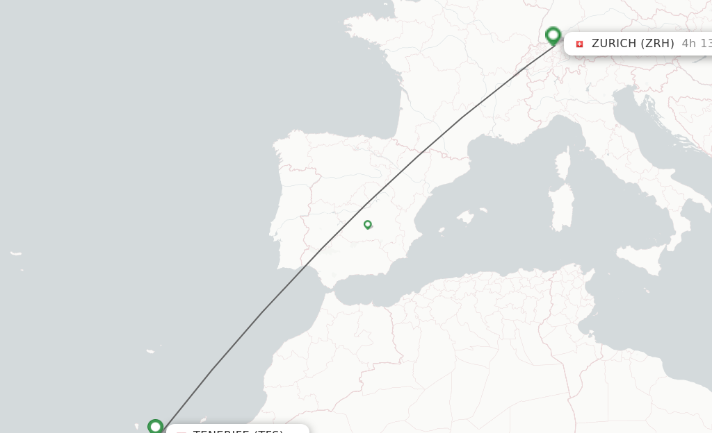 Flights from Tenerife to Zurich route map