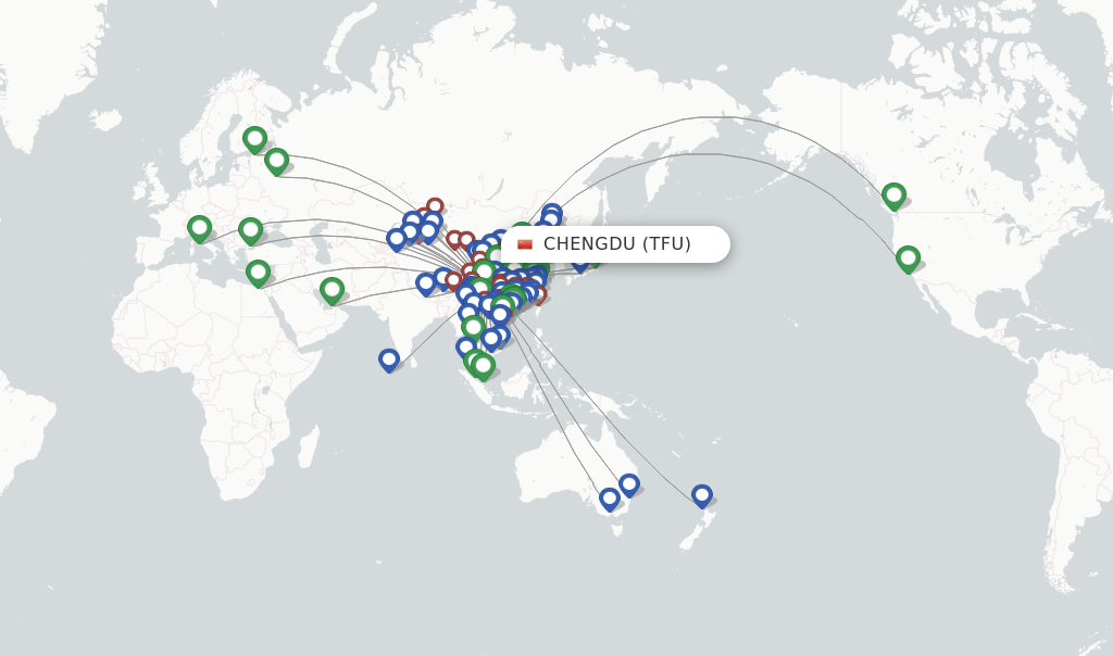 Route map with flights from Chengdu with Sichuan Airlines