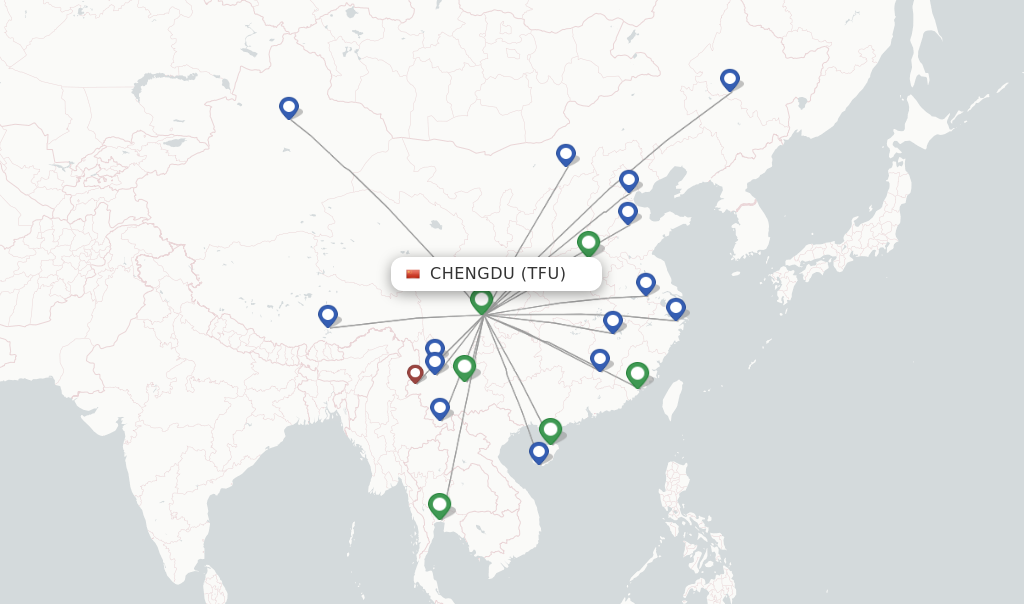 Route map with flights from Chengdu with Lucky Air