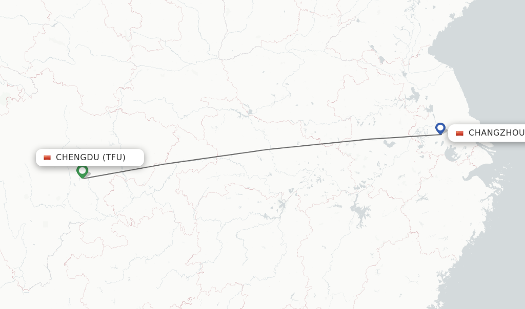 Flights from Chengdu to Changzhou route map