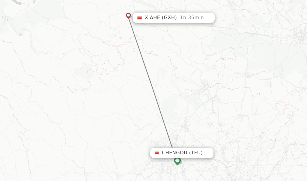 Flights from Chengdu to Xiahe route map