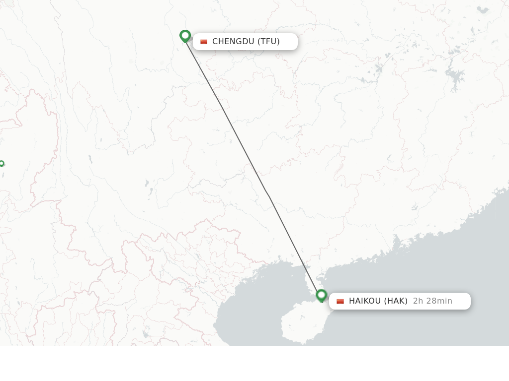 Flights from Chengdu to Haikou route map