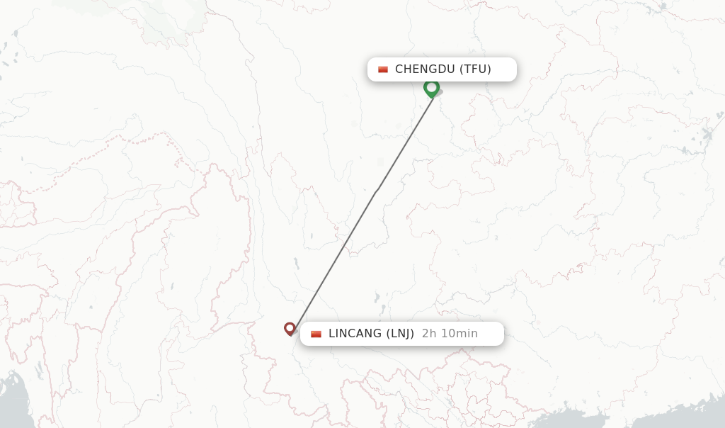 Flights from Chengdu to Lincang route map