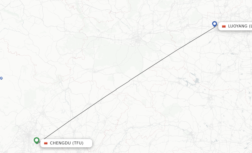 Flights from Chengdu to Luoyang route map