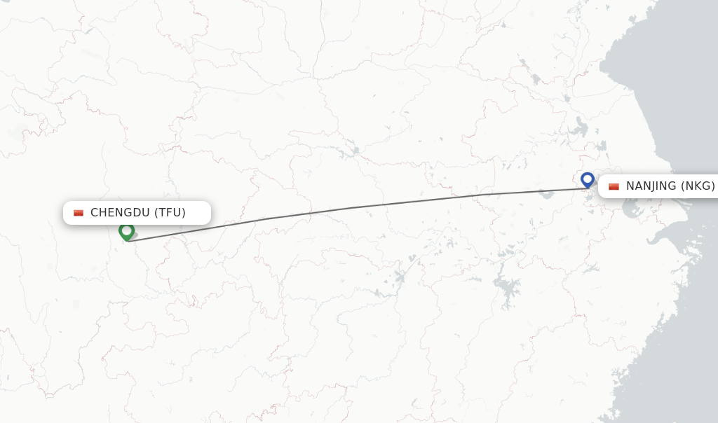 Flights from Chengdu to Nanjing route map