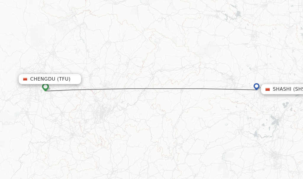 Flights from Chengdu to Shashi route map