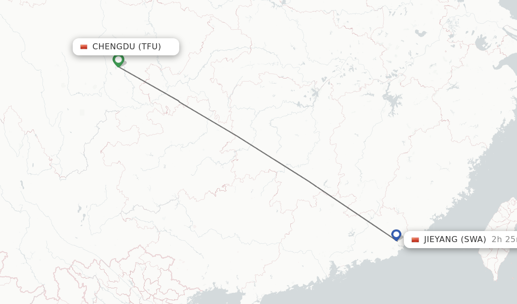 Flights from Chengdu to Jieyang route map