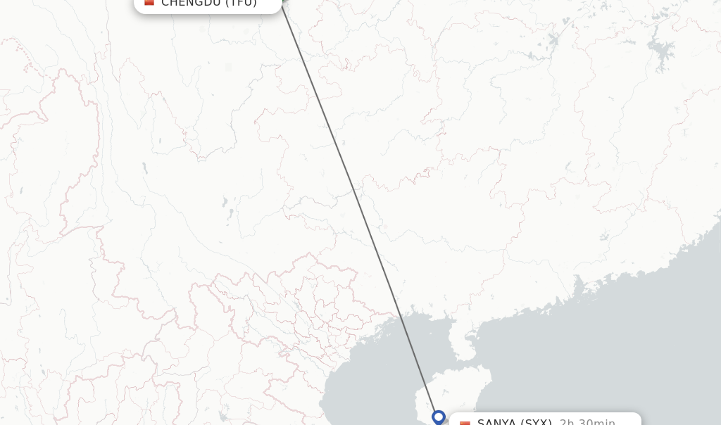 Flights from Chengdu to Sanya route map