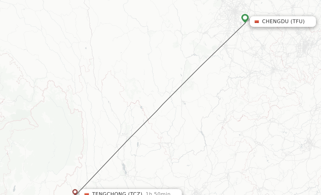 Flights from Chengdu to Tengchong route map