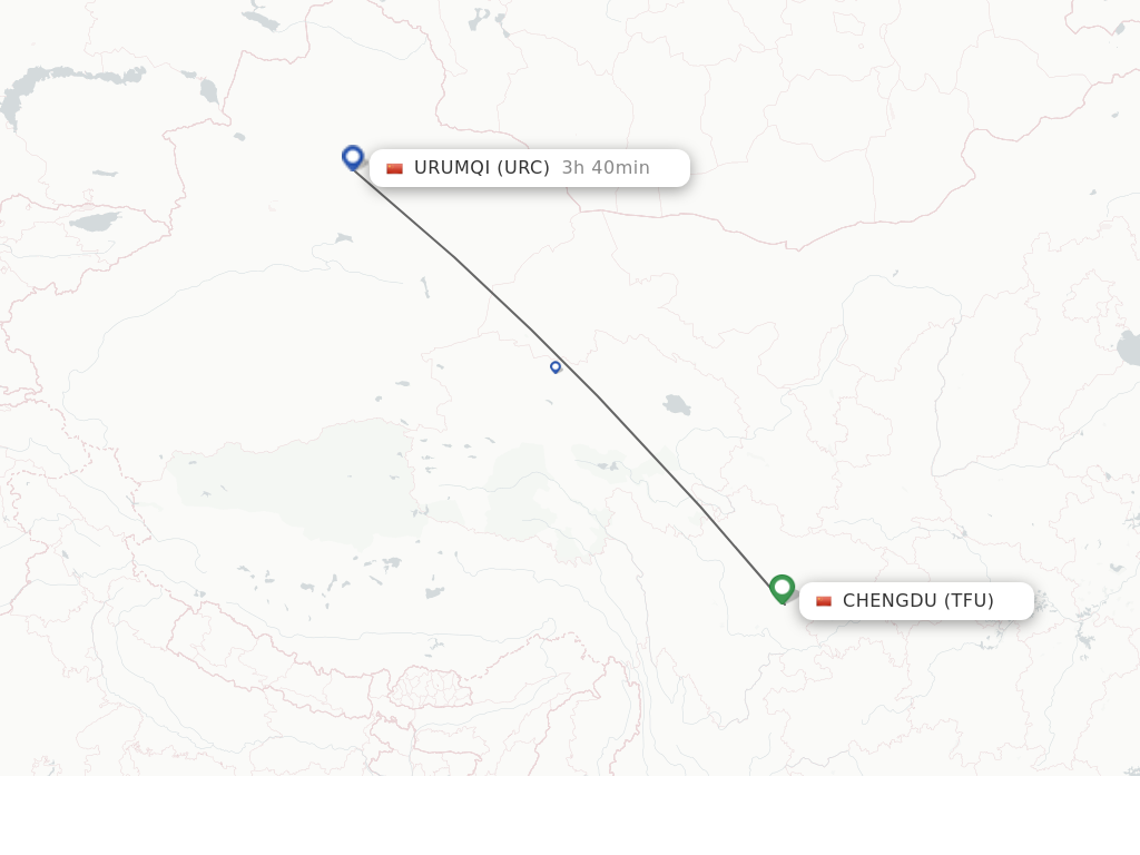 Flights from Chengdu to Urumqi route map