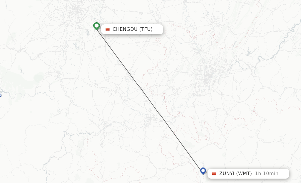 Flights from Chengdu to Zunyi route map