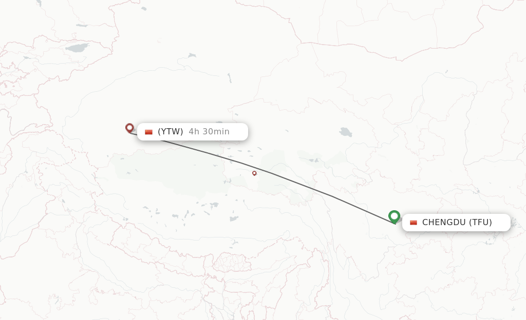 Flights from Chengdu to Yutian route map