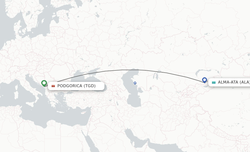 Flights from Podgorica to Almaty route map