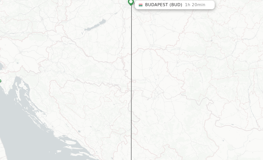 Flights from Podgorica to Budapest route map