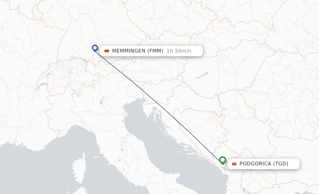 Flights from Podgorica to Memmingen route map