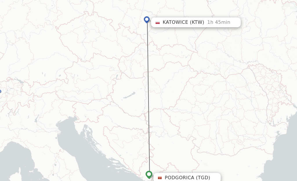 Flights from Podgorica to Katowice route map
