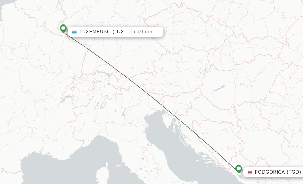 Flights from Podgorica to Luxembourg route map