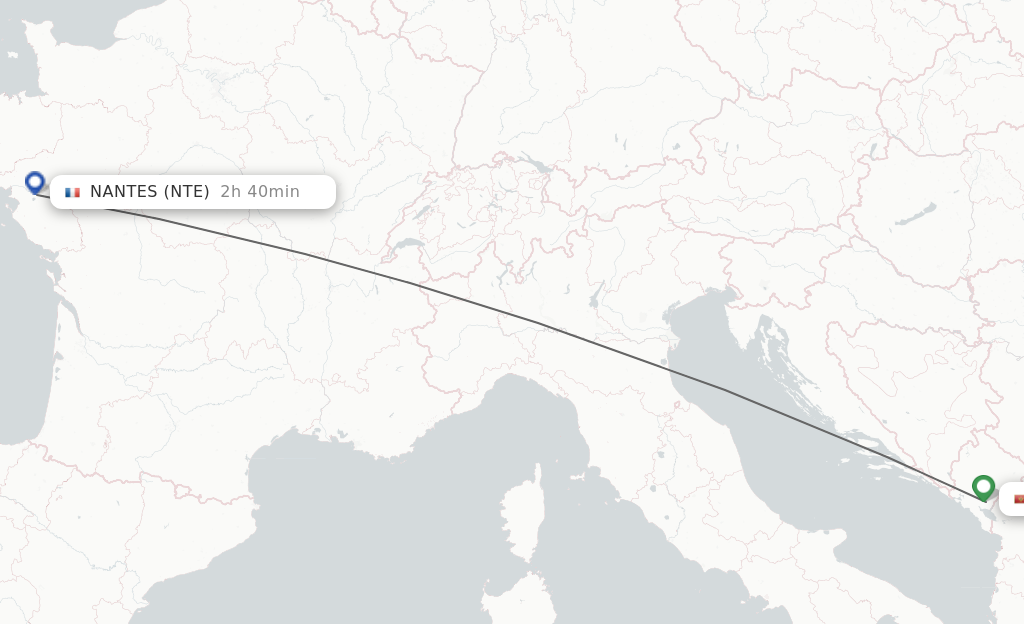 Flights from Podgorica to Nantes route map