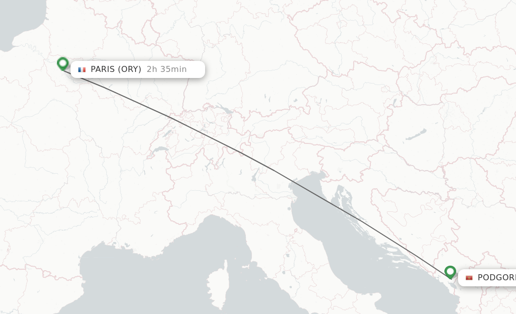 Flights from Podgorica to Paris route map