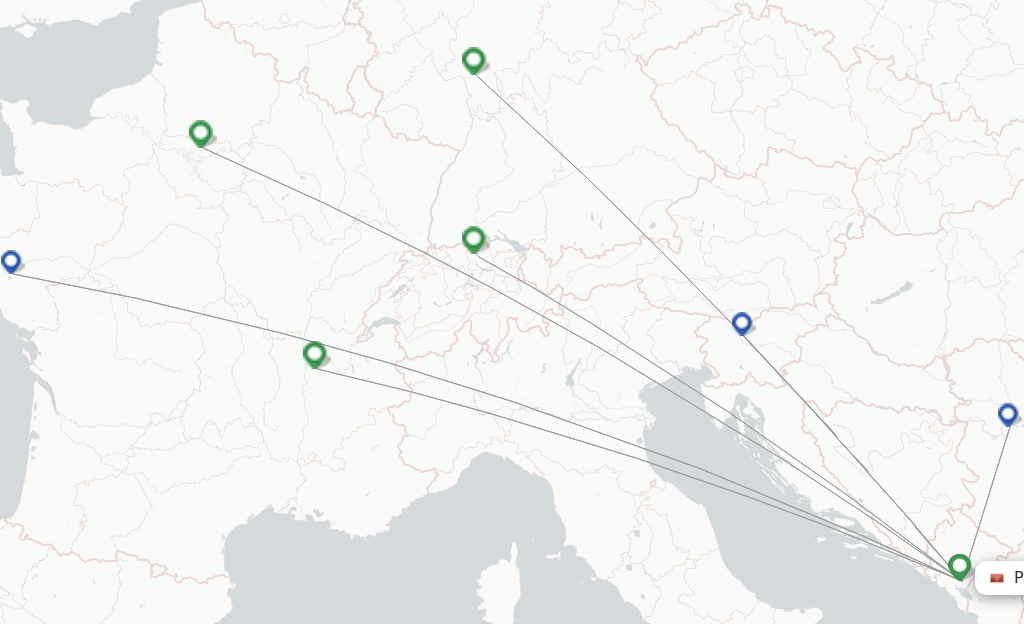 Route map with flights from Podgorica with FlexFlight