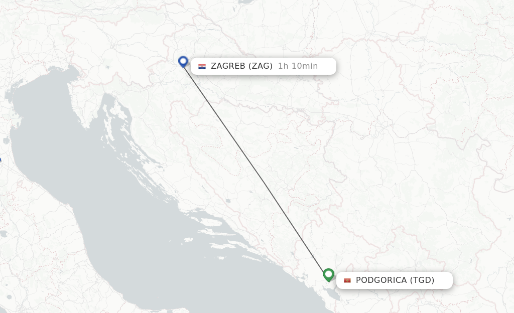 Flights from Podgorica to Zagreb route map