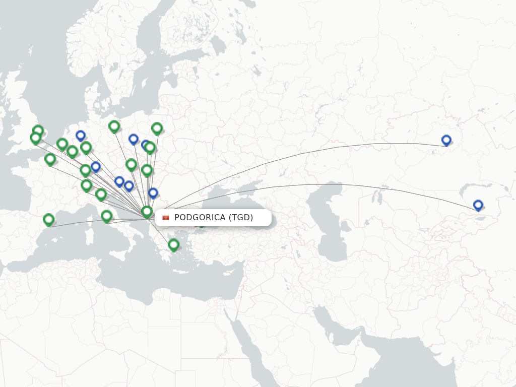 Flights from Podgorica to London route map