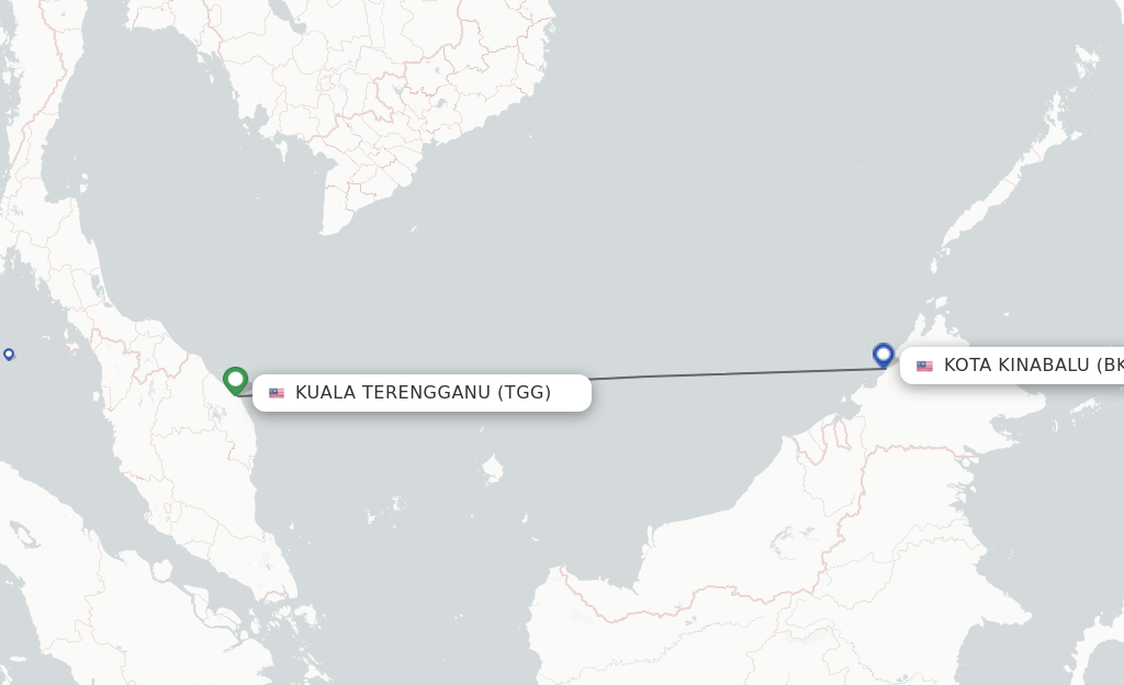 Flights from Kuala Terengganu to Kota Kinabalu route map
