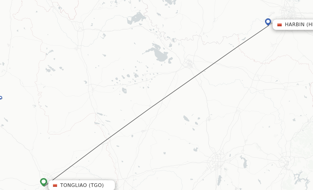 Flights from Tongliao to Harbin route map