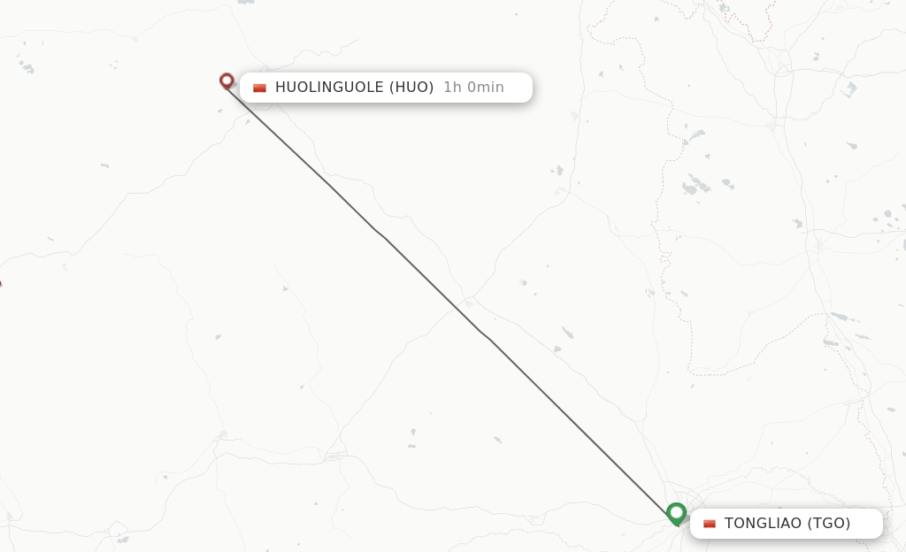 Flights from Tongliao to Huolinguole route map