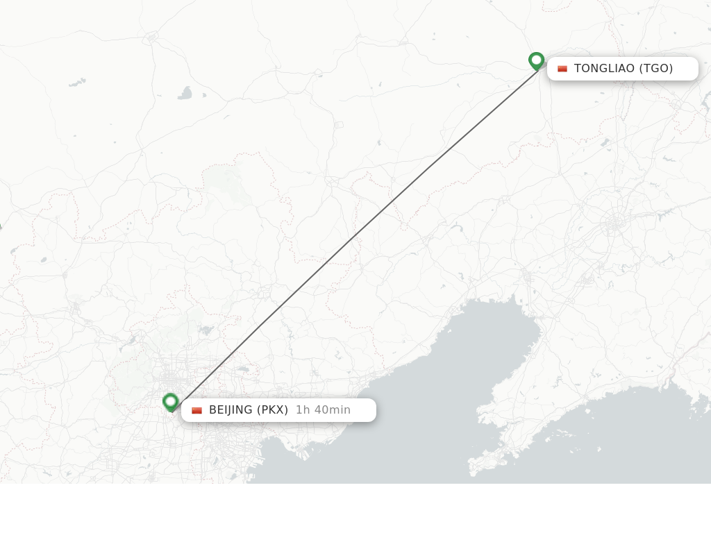 Flights from Tongliao to Beijing route map