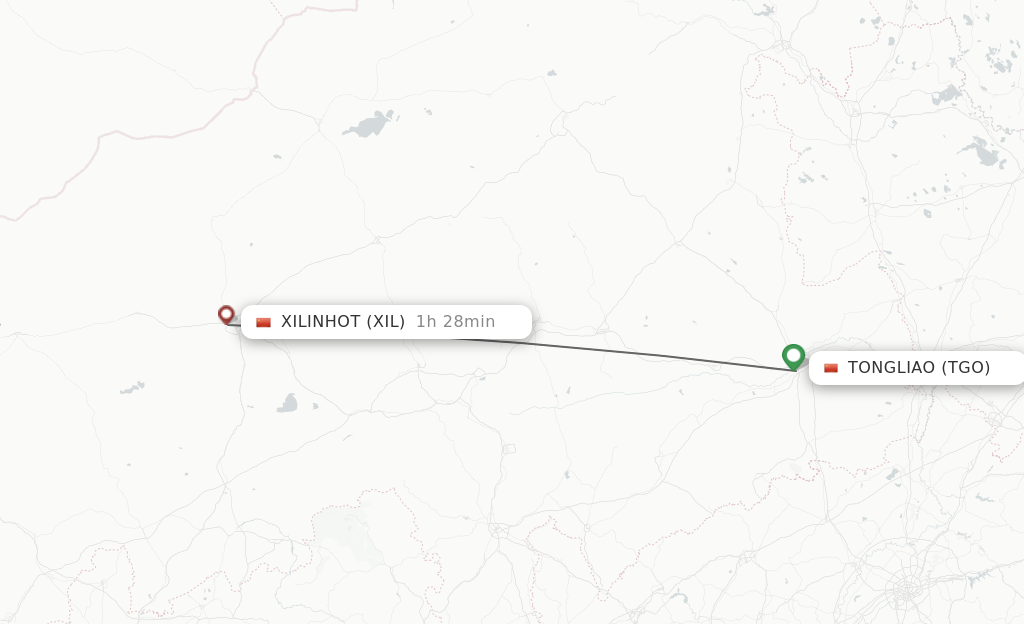 Flights from Tongliao to Xilinhot route map