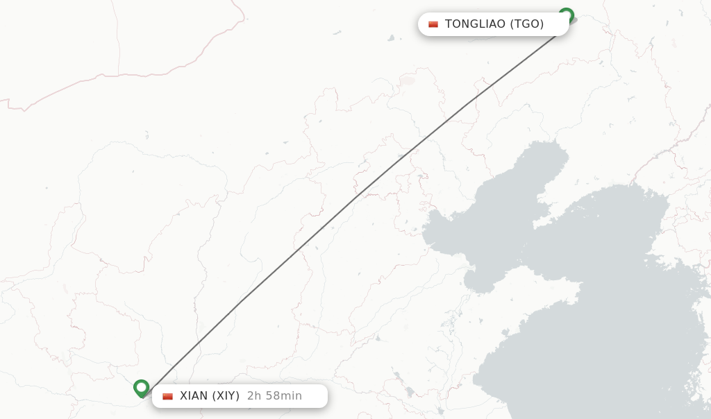 Flights from Tongliao to Xian route map