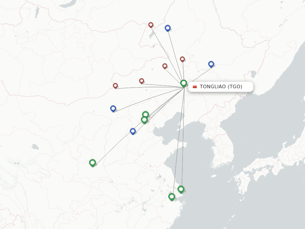 Flights from Tongliao to Shanghai route map