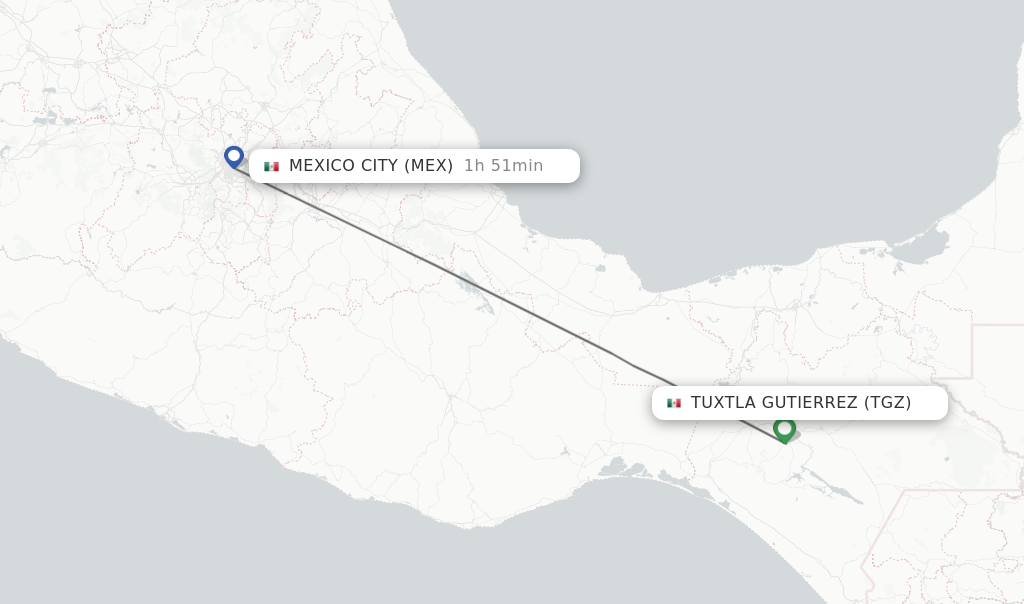 Flights from Tuxtla Gutierrez to Mexico City route map