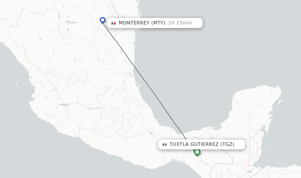 Flights from Tuxtla Gutierrez to Monterrey route map
