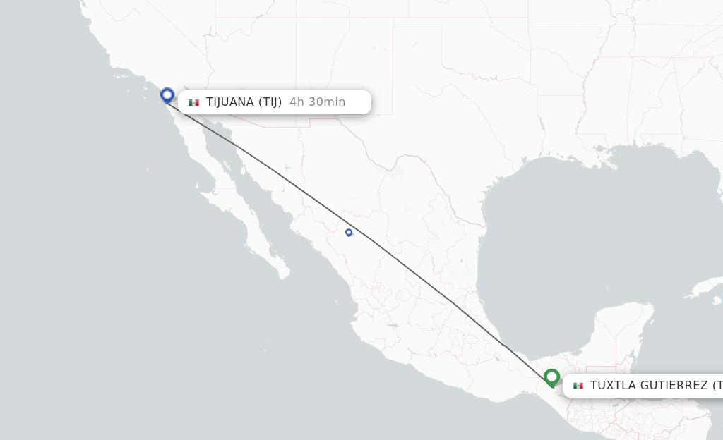 Flights from Tuxtla Gutierrez to Tijuana route map